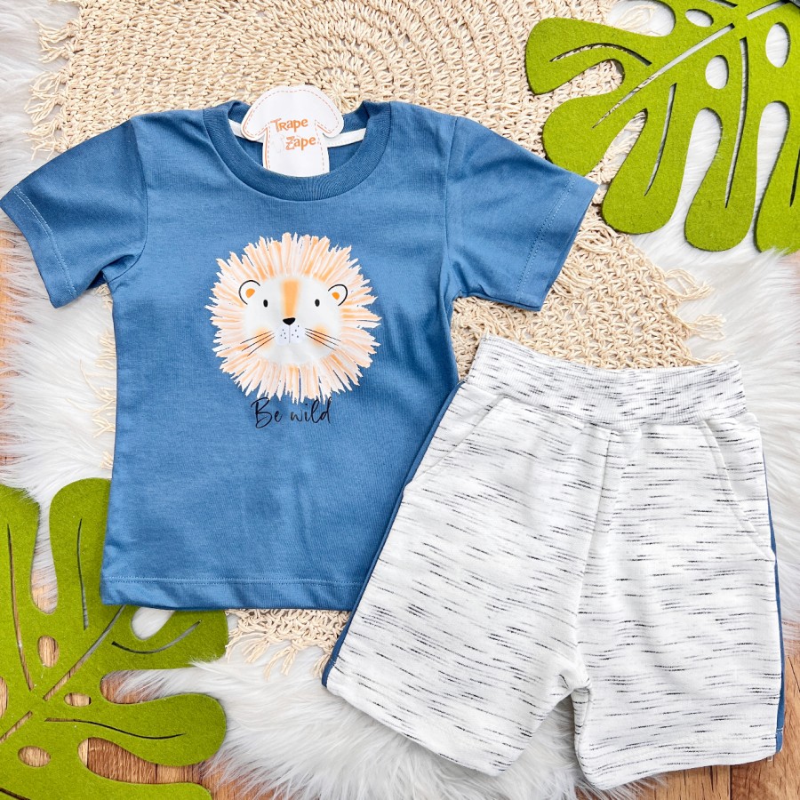 Conj. Camiseta Lion Be Wild e Bermuda - Azul Jeans e Off White